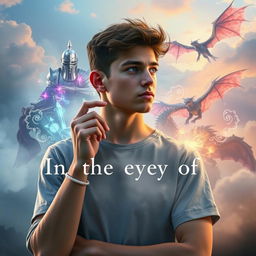 A young man, 18 years old, stands thoughtfully in a surreal and fantastical landscape, reflecting on his past lives