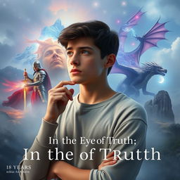 A young man, 18 years old, stands thoughtfully in a surreal and fantastical landscape, reflecting on his past lives