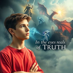 A young man, 18 years old, stands thoughtfully in a surreal and fantastical landscape, reflecting on his past lives