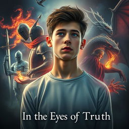 A young man, aged 18, stands in a contemplative pose, facing the viewer while immersed in a mystical environment that reflects his internal struggle with past lives