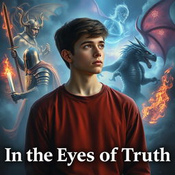 A young man, aged 18, stands in a contemplative pose, facing the viewer while immersed in a mystical environment that reflects his internal struggle with past lives