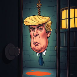 A darkly satirical artwork depicting a caricature of Donald Trump in a jail cell
