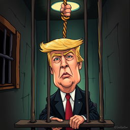 A darkly satirical artwork depicting a caricature of Donald Trump in a jail cell