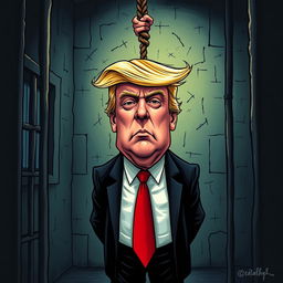 A darkly satirical artwork depicting a caricature of Donald Trump in a jail cell