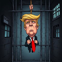 A darkly satirical artwork depicting a caricature of Donald Trump in a jail cell