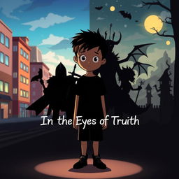 A shadowy, cartoonish figure of a young boy stands in the center of the image, appearing distant and introspective as he faces the viewer