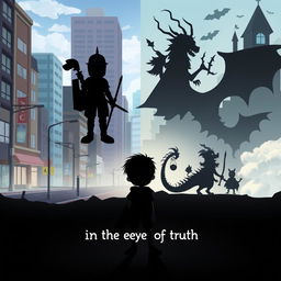 A shadowy, cartoonish figure of a young boy stands in the center of the image, appearing distant and introspective as he faces the viewer