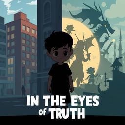 A shadowy, cartoonish figure of a young boy stands in the center of the image, appearing distant and introspective as he faces the viewer