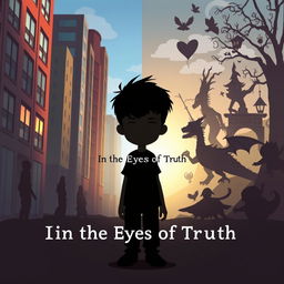 A shadowy, cartoonish figure of a young boy stands in the center of the image, appearing distant and introspective as he faces the viewer