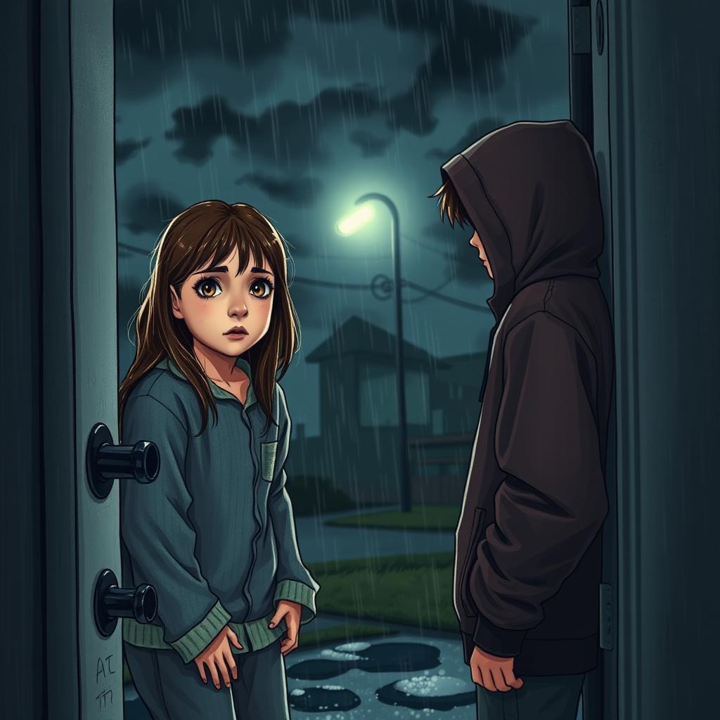 A girl opening her door to a strange boy in the middle of a rainy night