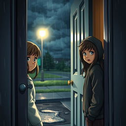 A girl opening her door to a strange boy in the middle of a rainy night