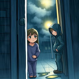 A girl opening her door to a strange boy in the middle of a rainy night