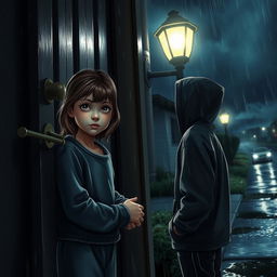 A girl opening her door to a strange boy in the middle of a rainy night