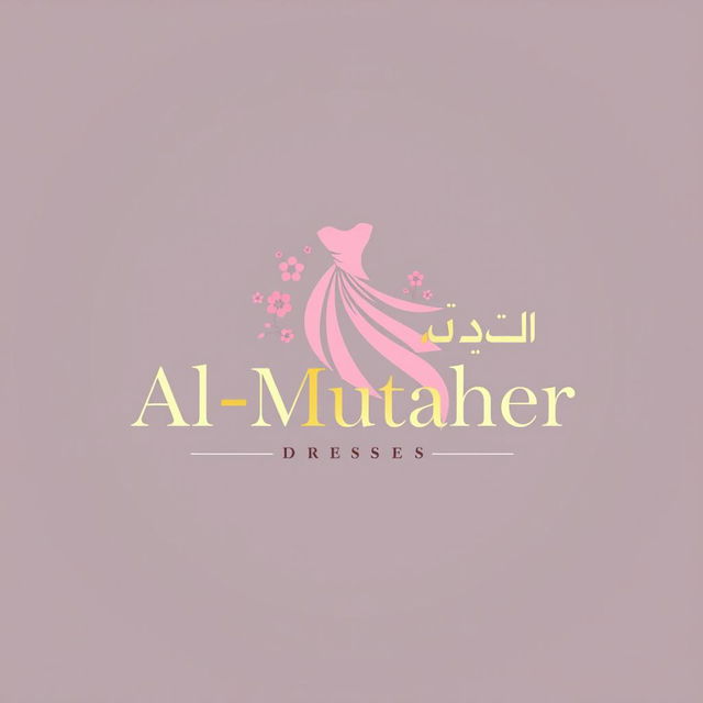 A chic and stylish logo design for a women's dress brand named "المطهر للفساتين النسائية" (Al-Mutaher for Women's Dresses)