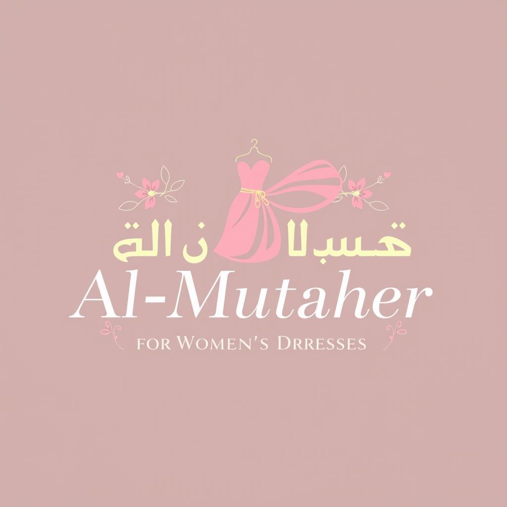 A chic and stylish logo design for a women's dress brand named "المطهر للفساتين النسائية" (Al-Mutaher for Women's Dresses)