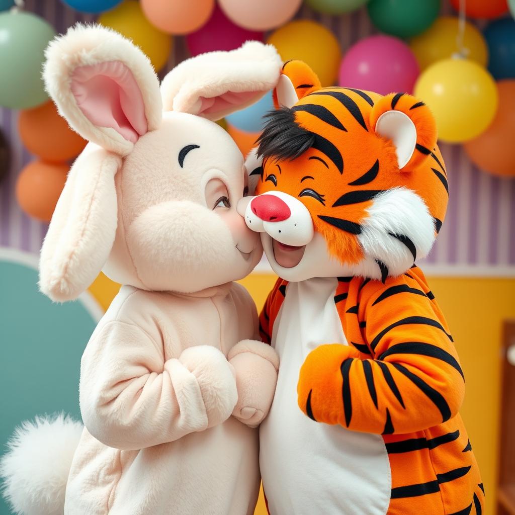 A whimsical scene of two boys sharing a sweet kiss in a playful setting