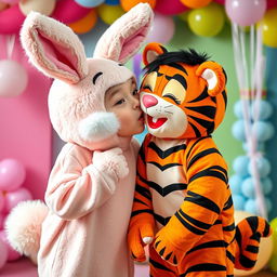 A whimsical scene of two boys sharing a sweet kiss in a playful setting