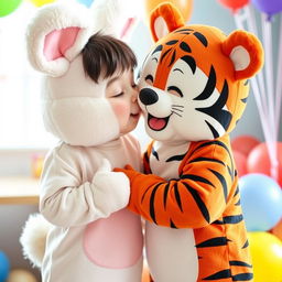 A whimsical scene of two boys sharing a sweet kiss in a playful setting