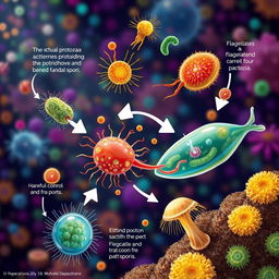 An informative and visually striking illustration depicting protozoa in action controlling pathogenic bacteria and fungi