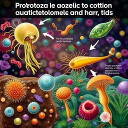 An informative and visually striking illustration depicting protozoa in action controlling pathogenic bacteria and fungi
