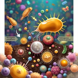 An informative and visually striking illustration depicting protozoa in action controlling pathogenic bacteria and fungi