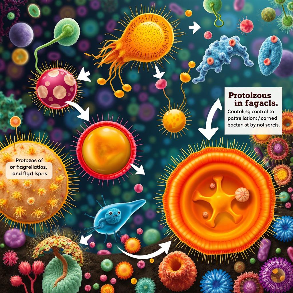 An informative and visually striking illustration depicting protozoa in action controlling pathogenic bacteria and fungi