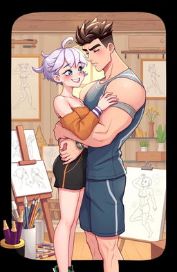 A colorful illustration depicting a romantic scene between a femboy with delicate features dressed in stylish, playful clothing and a muscular gym instructor with an athletic build