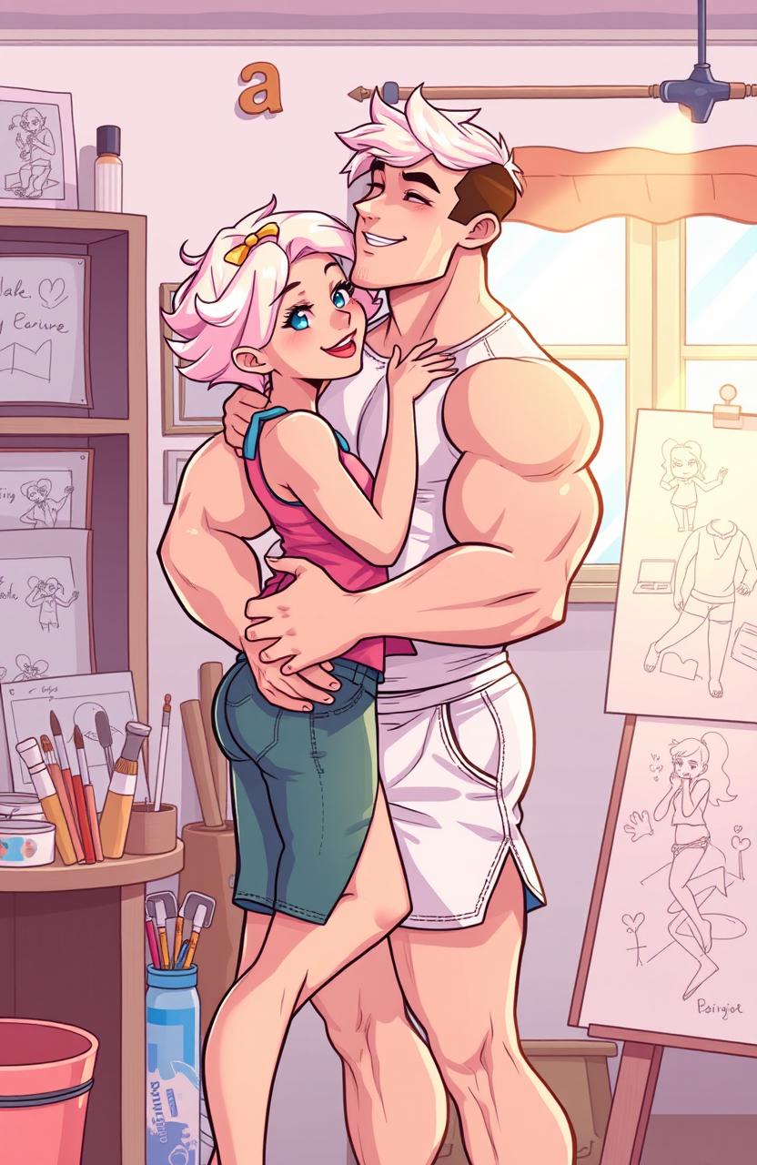 A colorful illustration depicting a romantic scene between a femboy with delicate features dressed in stylish, playful clothing and a muscular gym instructor with an athletic build