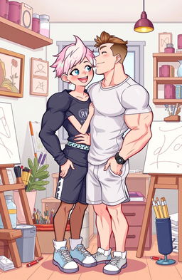 A colorful illustration depicting a romantic scene between a femboy with delicate features dressed in stylish, playful clothing and a muscular gym instructor with an athletic build