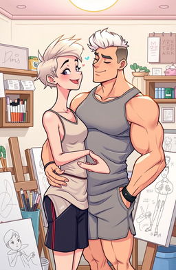 A colorful illustration depicting a romantic scene between a femboy with delicate features dressed in stylish, playful clothing and a muscular gym instructor with an athletic build