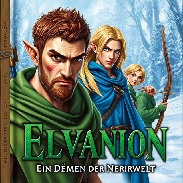 A captivating fantasy book cover featuring a strong, older male elf in the foreground with short brown hair, brown eyes, and a scar on the left side of his face, clad in a vibrant green cloak