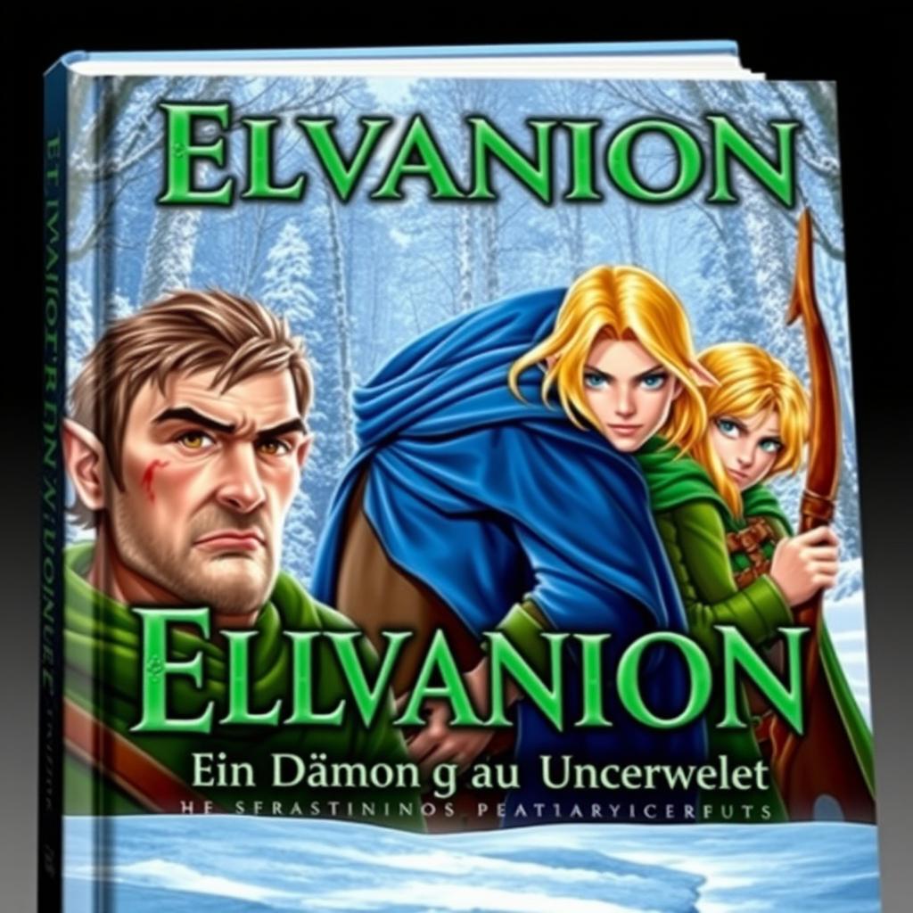 A captivating fantasy book cover featuring a strong, older male elf in the foreground with short brown hair, brown eyes, and a scar on the left side of his face, clad in a vibrant green cloak