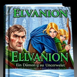 A captivating fantasy book cover featuring a strong, older male elf in the foreground with short brown hair, brown eyes, and a scar on the left side of his face, clad in a vibrant green cloak
