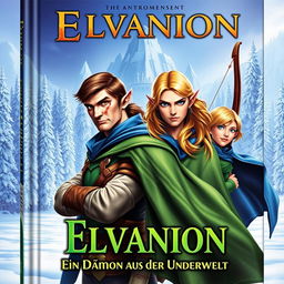 A captivating fantasy book cover featuring a strong, older male elf in the foreground with short brown hair, brown eyes, and a scar on the left side of his face, clad in a vibrant green cloak