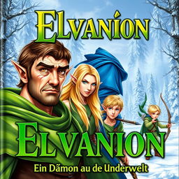 A captivating fantasy book cover featuring a strong, older male elf in the foreground with short brown hair, brown eyes, and a scar on the left side of his face, clad in a vibrant green cloak