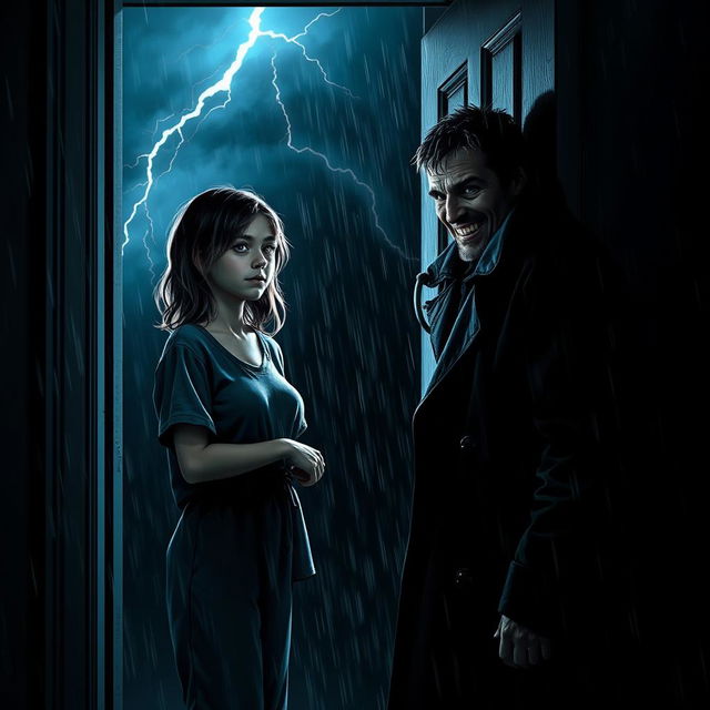 A girl opening her door to a strange man during a stormy night, creating a horror-themed atmosphere