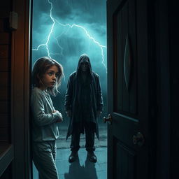 A girl opening her door to a strange man during a stormy night, creating a horror-themed atmosphere