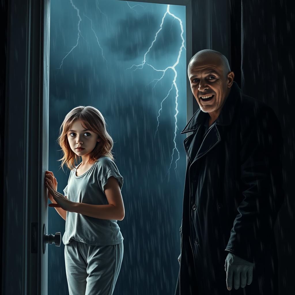 A girl opening her door to a strange man during a stormy night, creating a horror-themed atmosphere