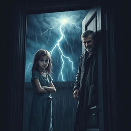 A girl opening her door to a strange man during a stormy night, creating a horror-themed atmosphere