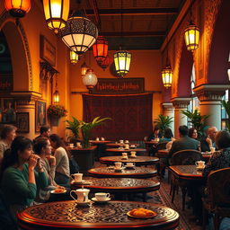 A warm and inviting scene depicting a cozy Moroccan cafe in the early evening