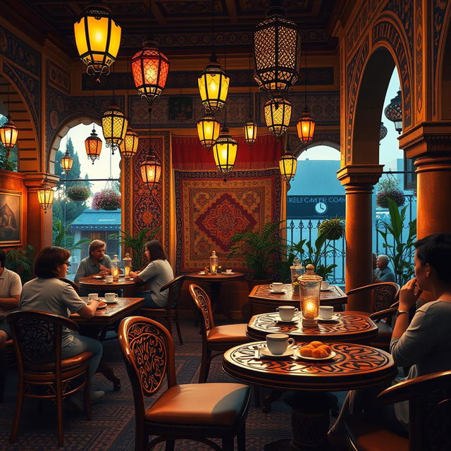 A warm and inviting scene depicting a cozy Moroccan cafe in the early evening