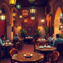 A warm and inviting scene depicting a cozy Moroccan cafe in the early evening