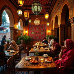 A warm and inviting scene depicting a cozy Moroccan cafe in the early evening