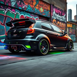 An eye-catching tuned Fiat Bravo, featuring aggressive body modifications such as a wide body kit, lowered suspension, and custom rims with a sporty design