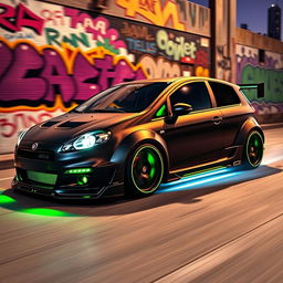 An eye-catching tuned Fiat Bravo, featuring aggressive body modifications such as a wide body kit, lowered suspension, and custom rims with a sporty design