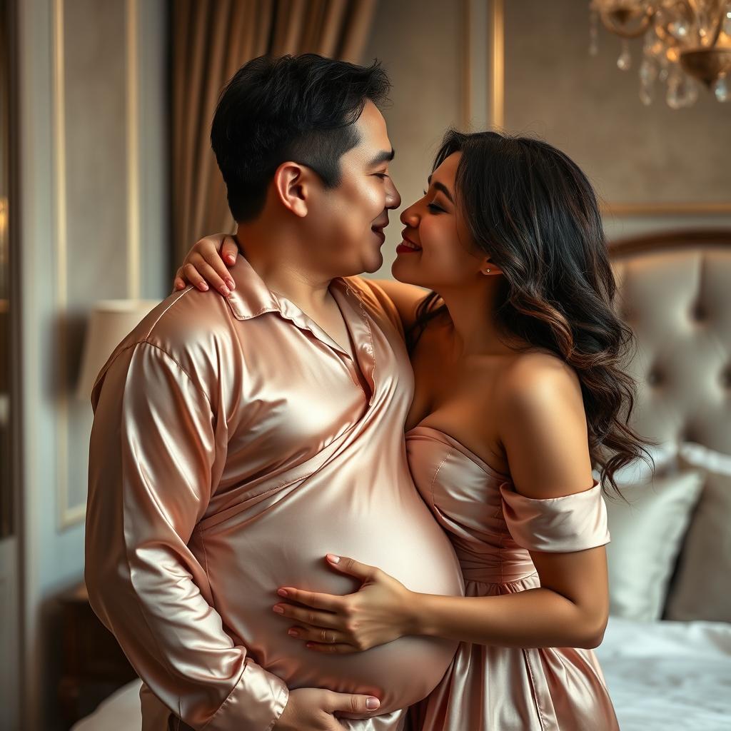 An Asian pregnant man with heavy breasts, dressed in a sexy silk nightgown, sharing a tender kiss with another attractive woman