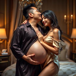 An Asian pregnant man with heavy breasts, dressed in a sexy silk nightgown, sharing a tender kiss with another attractive woman