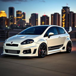 A sleek, tuned Fiat Bravo in a pristine white finish, showcasing its sporty modifications against an urban backdrop