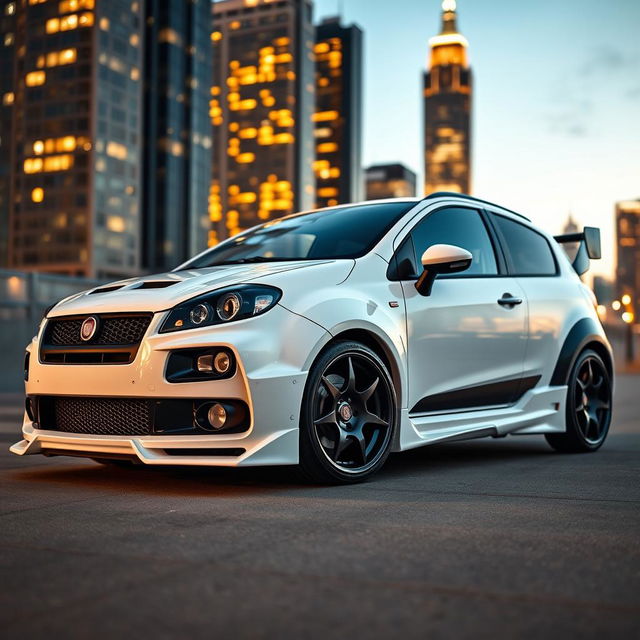 A sleek, tuned Fiat Bravo in a pristine white finish, showcasing its sporty modifications against an urban backdrop