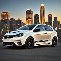A sleek, tuned Fiat Bravo in a pristine white finish, showcasing its sporty modifications against an urban backdrop